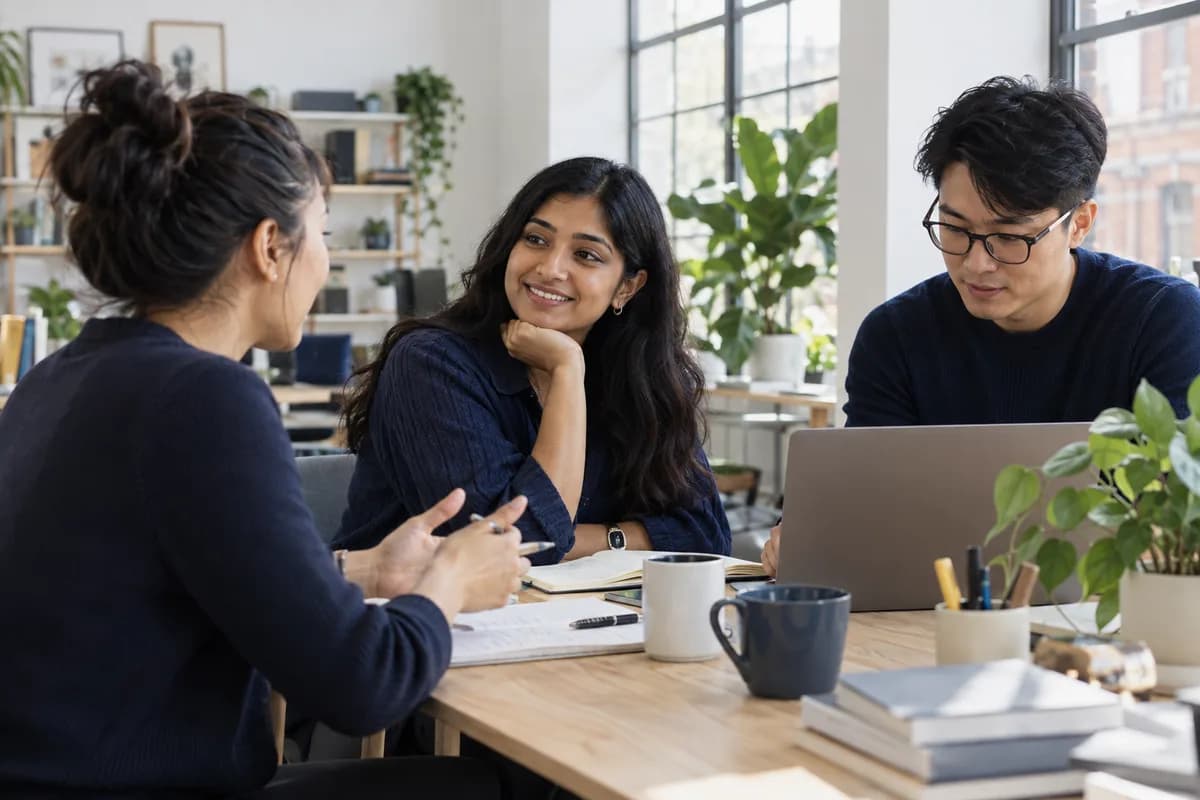 Illustrative scene of three teammates collaborating in a bright studio